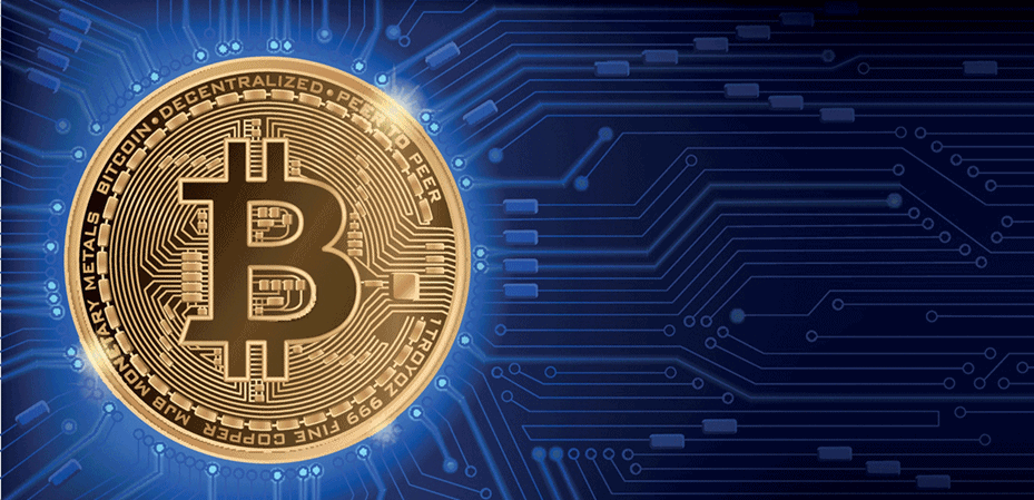 Goldene Bitcoin-Münze mit digitalem Schaltkreishintergrund, symbolisiert Kryptowährung in der Steuer- und Wirtschaftsberatung.