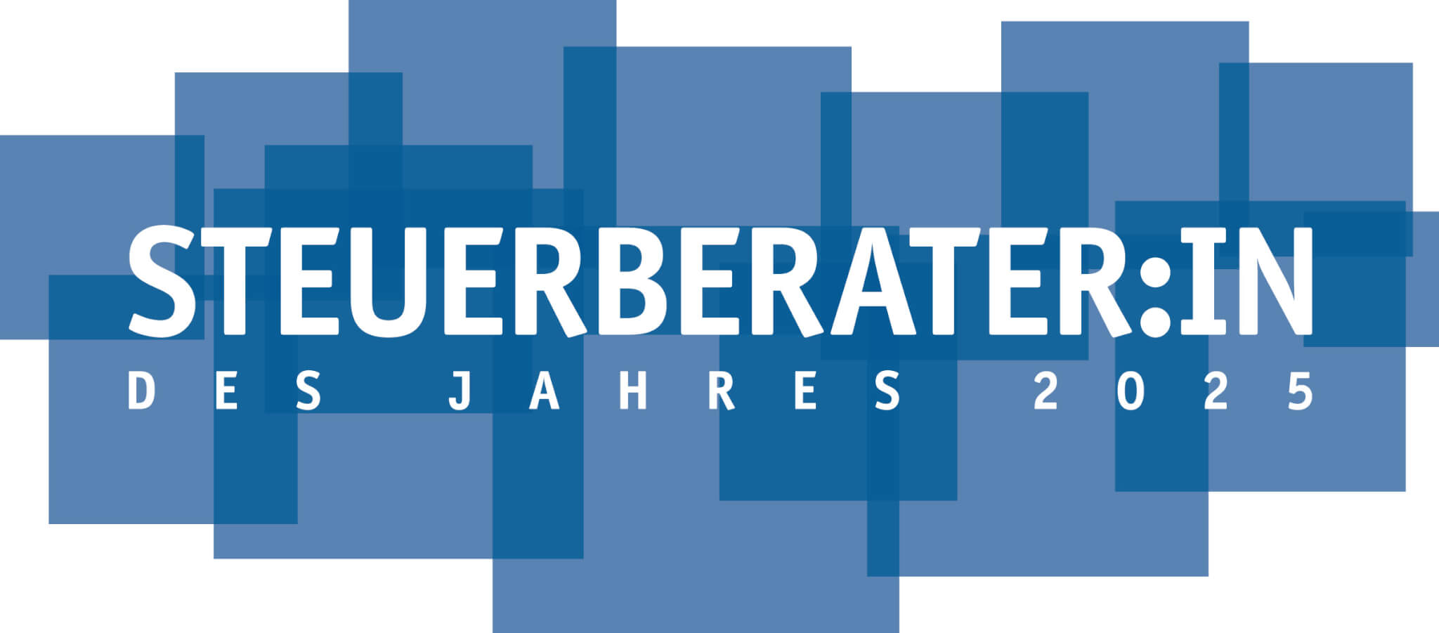 Logo für die Auszeichnung zum Steuerberater des Jahres. Blaue Kästchen ineinander aufgereiht mit einer weißen Schrift.