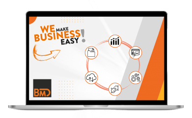 Laptopbildschirm zeigt Diagramm mit Geschäftssymbolen und Slogan We Make Business Easy für GCT Steuerberatung.